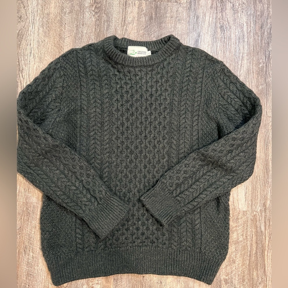 Orignal Aran Green 100% Merino Wool Cardigan Sweater Size L (Fits small)